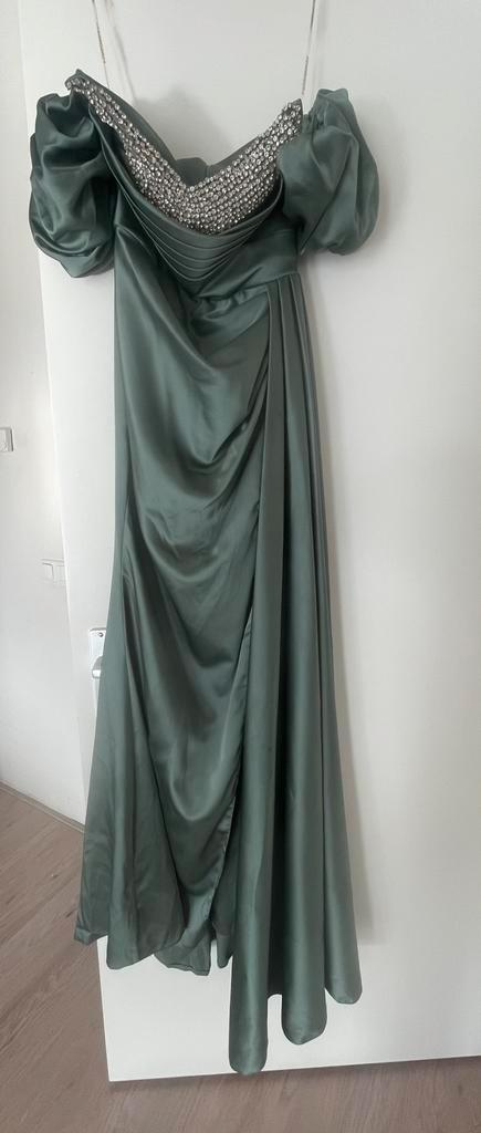Elegante Galajurk met Strass en Pofmouwen, Kleding | Dames, Gelegenheidskleding, Zo goed als nieuw, Galajurk, Maat 38/40 (M), Groen