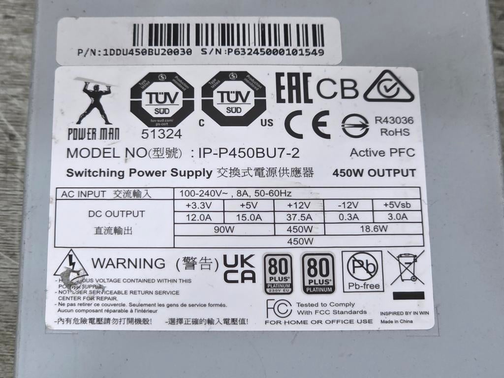Power man 450w max voeding psu power supply ip-p450bu7-2, Ophalen of Verzenden, Gebruikt