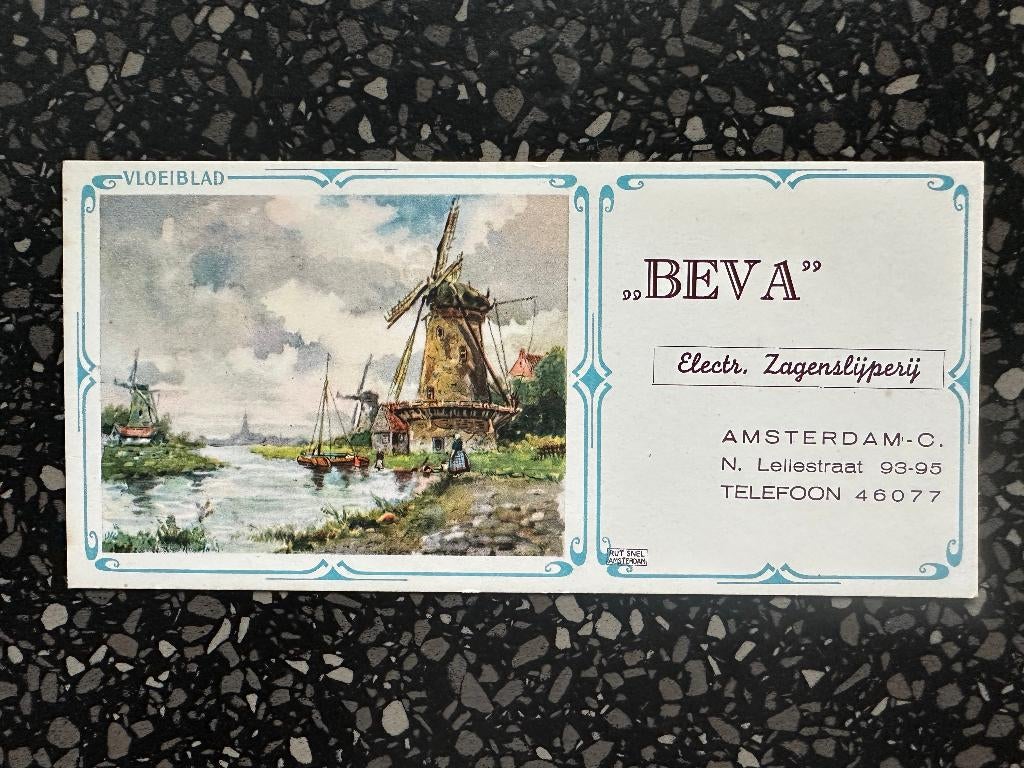 Vloeiblad Beva Electr. Zagenslijperij Amsterdam. Tel: 46077., Verzamelen, Merken en Reclamevoorwerpen, Ophalen of Verzenden, Gebruikt