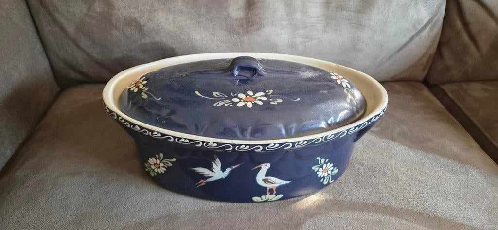 Franse Ovenschaal met Deksel - Blauw met Bloemen en Vogels, Ophalen of Verzenden, Gebruikt