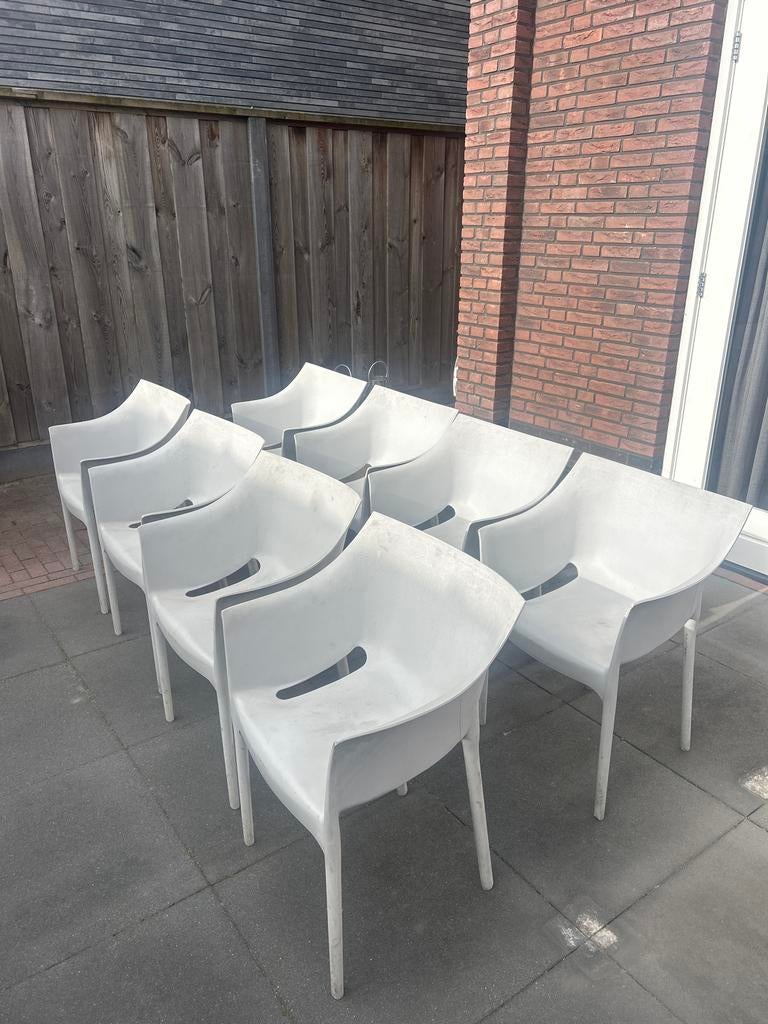 8 lichtgrijze tuinstoelen - weerplekken, Ophalen, Gebruikt, Kunststof, Stapelbaar