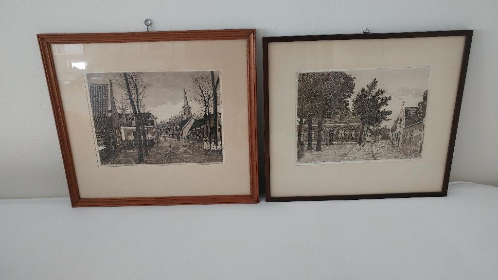Noordwijkerhout anno 1905. 2 mooie beeldende etsen., Antiek en Kunst, Kunst | Etsen en Gravures, Ets, Stadsgezicht, 1900 - 1949