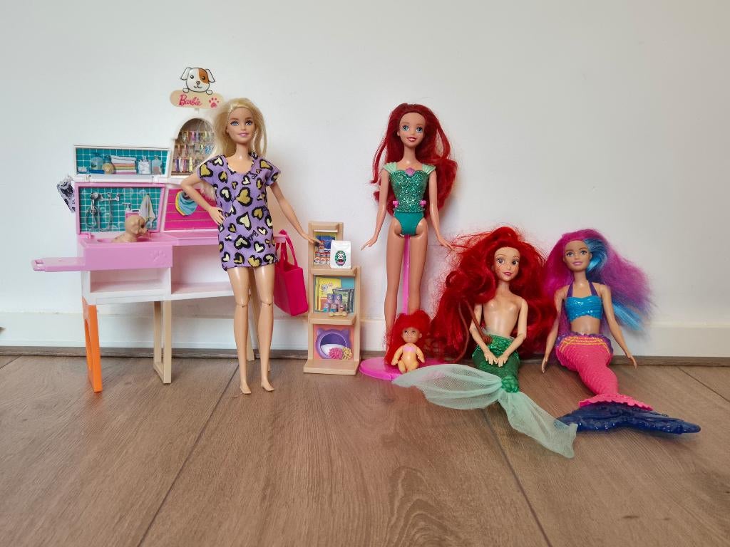 Barbie Disney Zeemeerminnen en trimsalon, Kinderen en Baby's, Speelgoed | Poppen, Zo goed als nieuw, Barbie, Ophalen of Verzenden