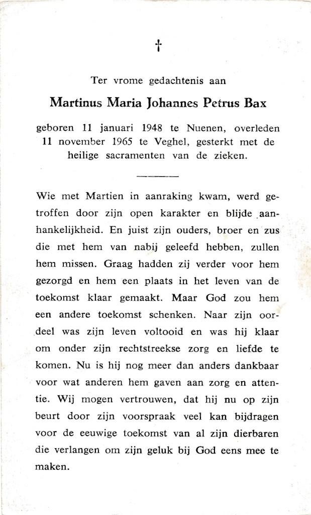 Bax Martinus 1948 Nuenen 1965 Veghel, Ophalen of Verzenden, Bidprentje