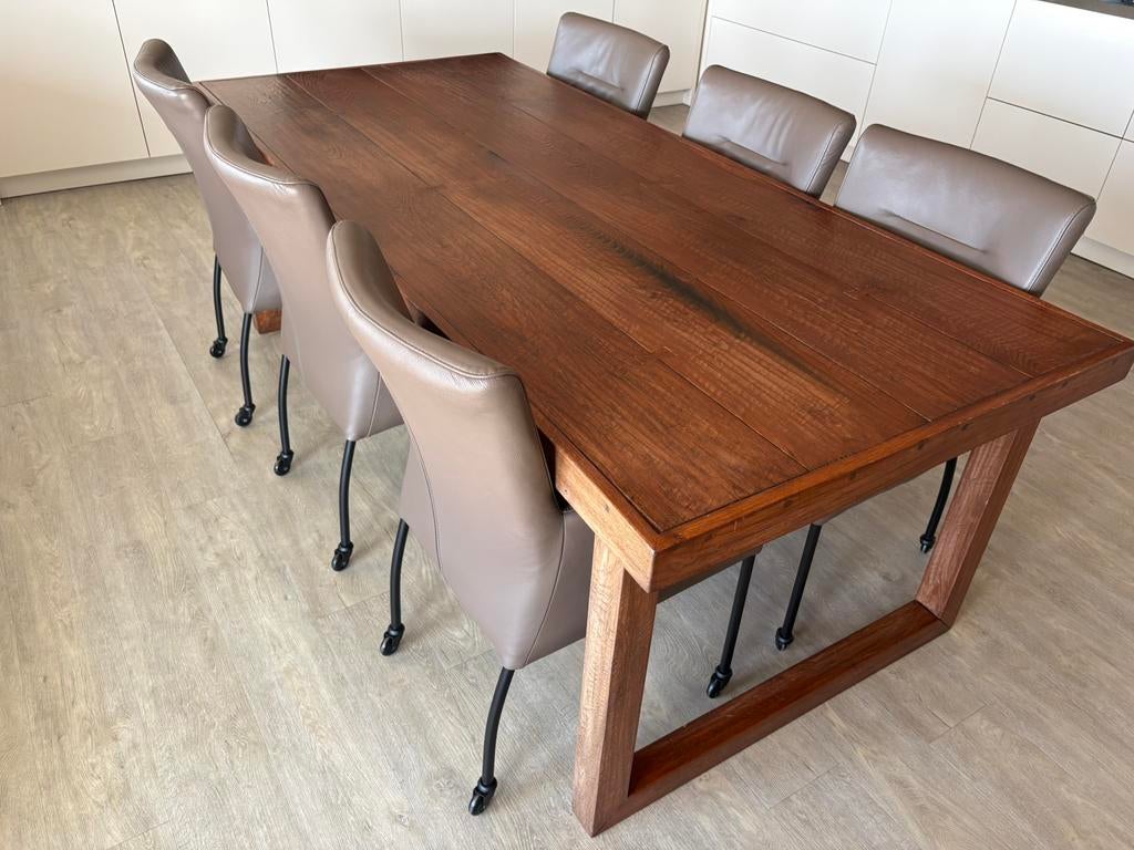 Te koop 6 leren stoelen + eetafel, Ophalen, Zo goed als nieuw, 4 tot 6 stoelen