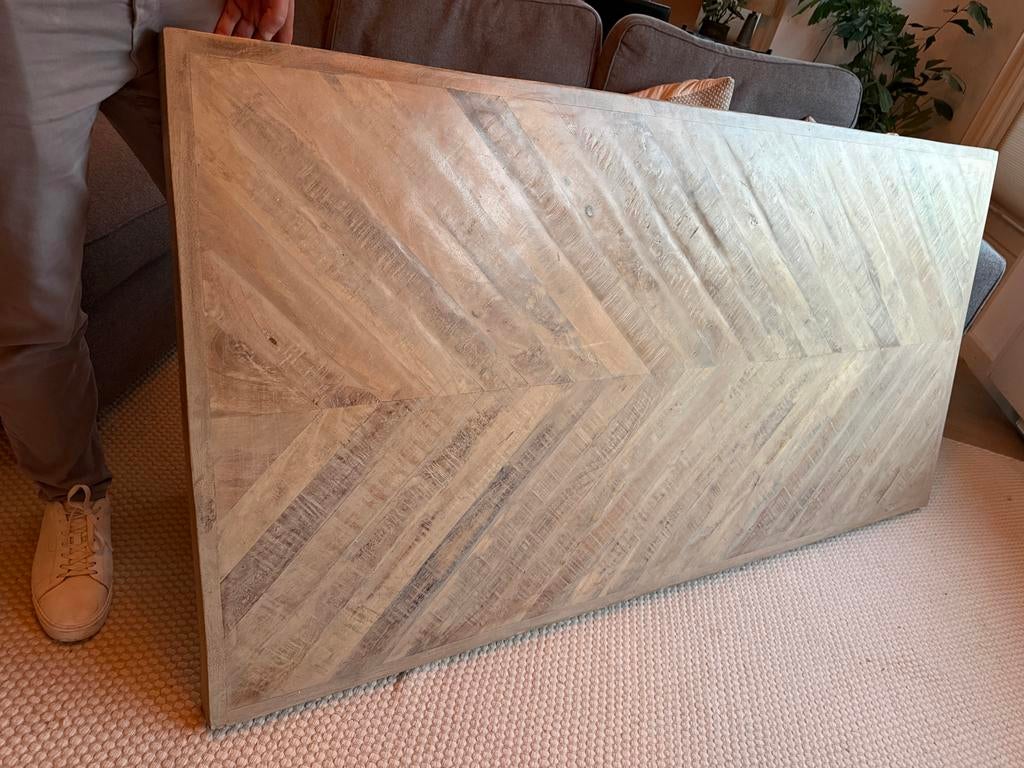 WOOOD tablo tafelblad 180x90 whitewash visgraat mangohout, Ophalen, Gebruikt, 50 tot 100 cm, Rechthoekig