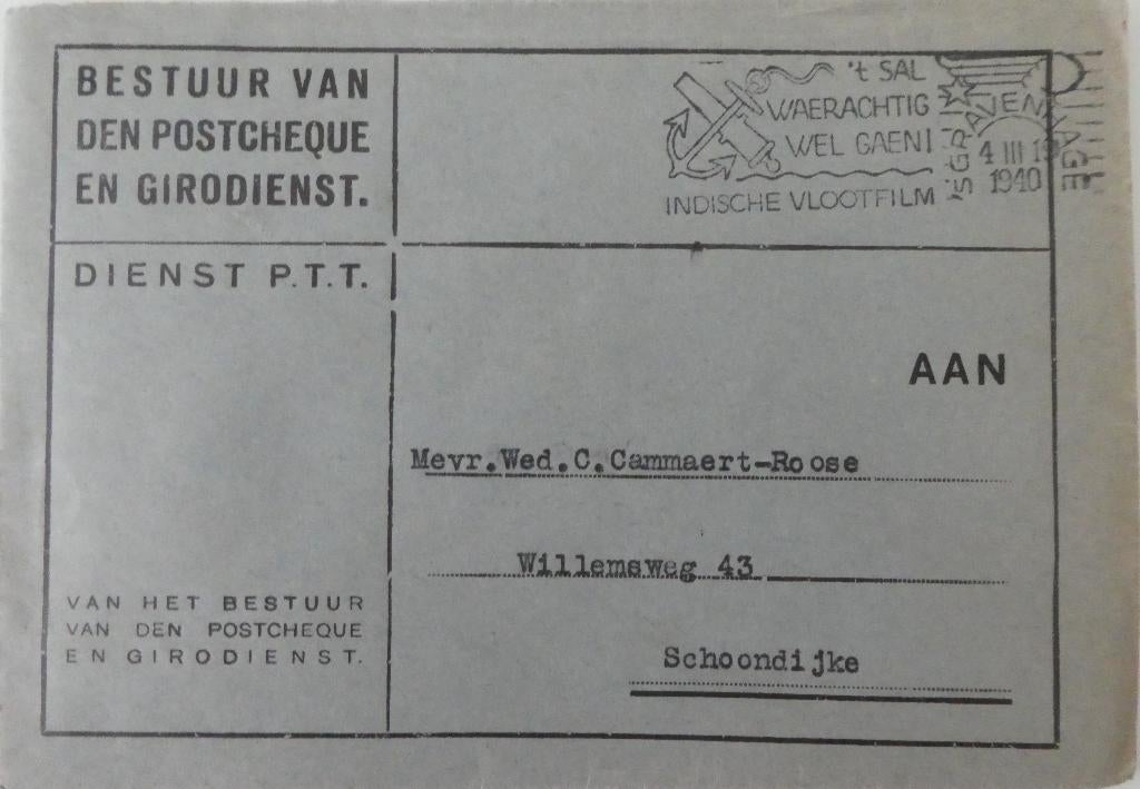 Dienstenvelop, 1940, Dienst PTT  - Den Haag - Schoondijke, Ophalen of Verzenden, Envelop