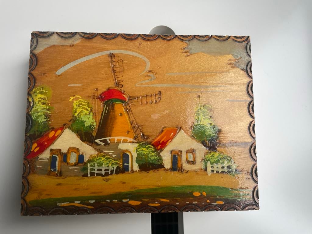 Vintage Houten Kistje met Molen Decoratie, Ophalen, Gebruikt, Overige houtsoorten, Minder dan 50 cm