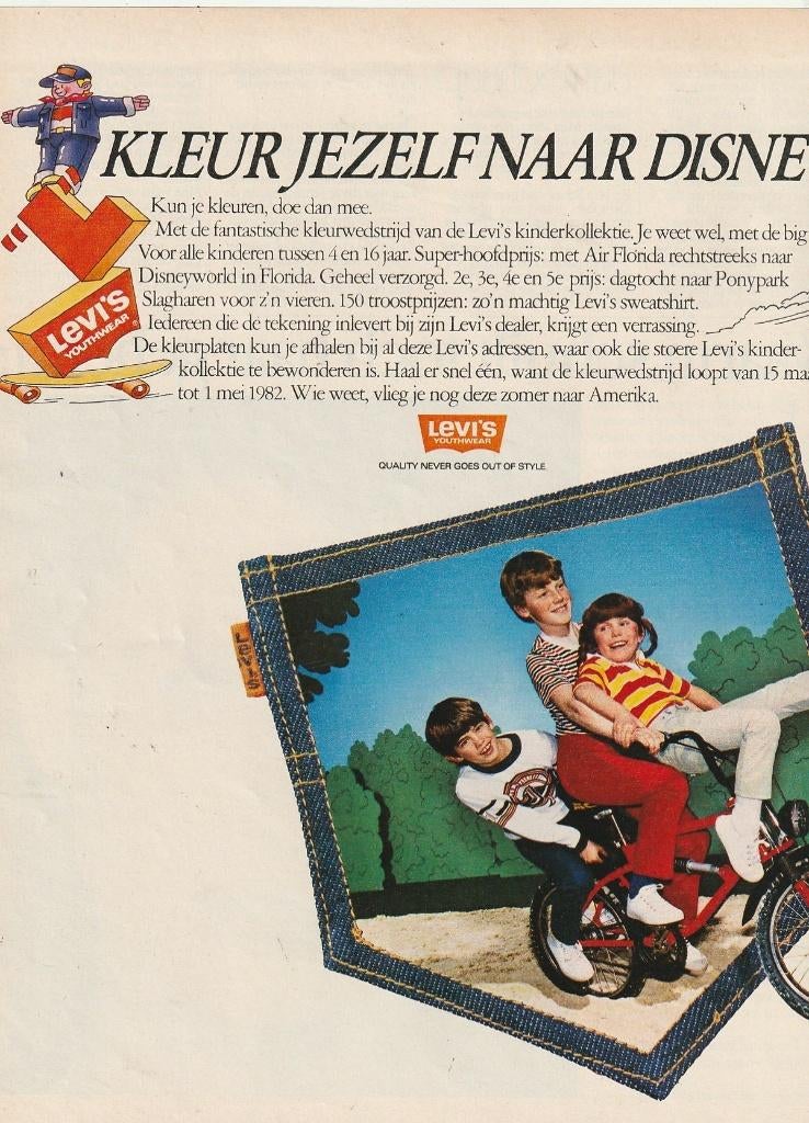 Retro reclame 1982 Levi's jeans jongetjes op crossfiets, Verzamelen, Verzenden, Overige typen