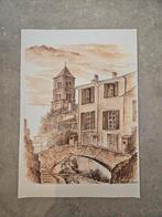 Schilderij J.M. Molenaar - Dorpsgezicht met kerk en brug, Ophalen of Verzenden