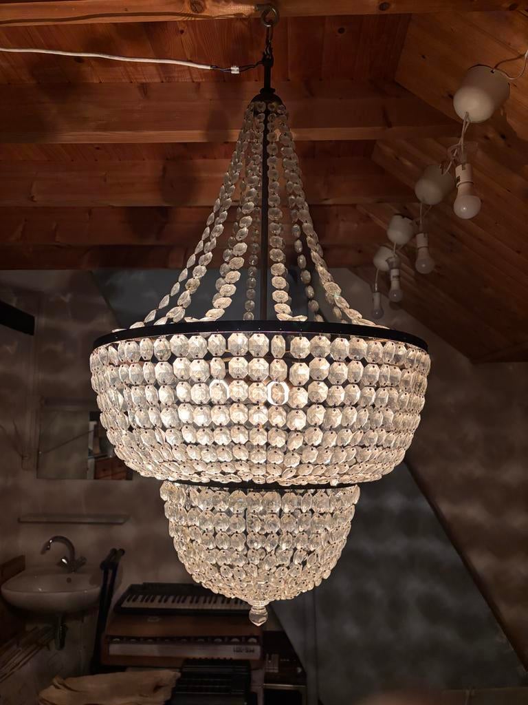 Grote kroonluchter met glazen kralen, Huis en Inrichting, Lampen | Kroonluchters, Ophalen, Gebruikt, Glas