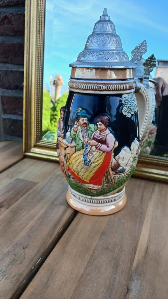 Vintage Bierpul met Tinnen Deksel, Ophalen of Verzenden