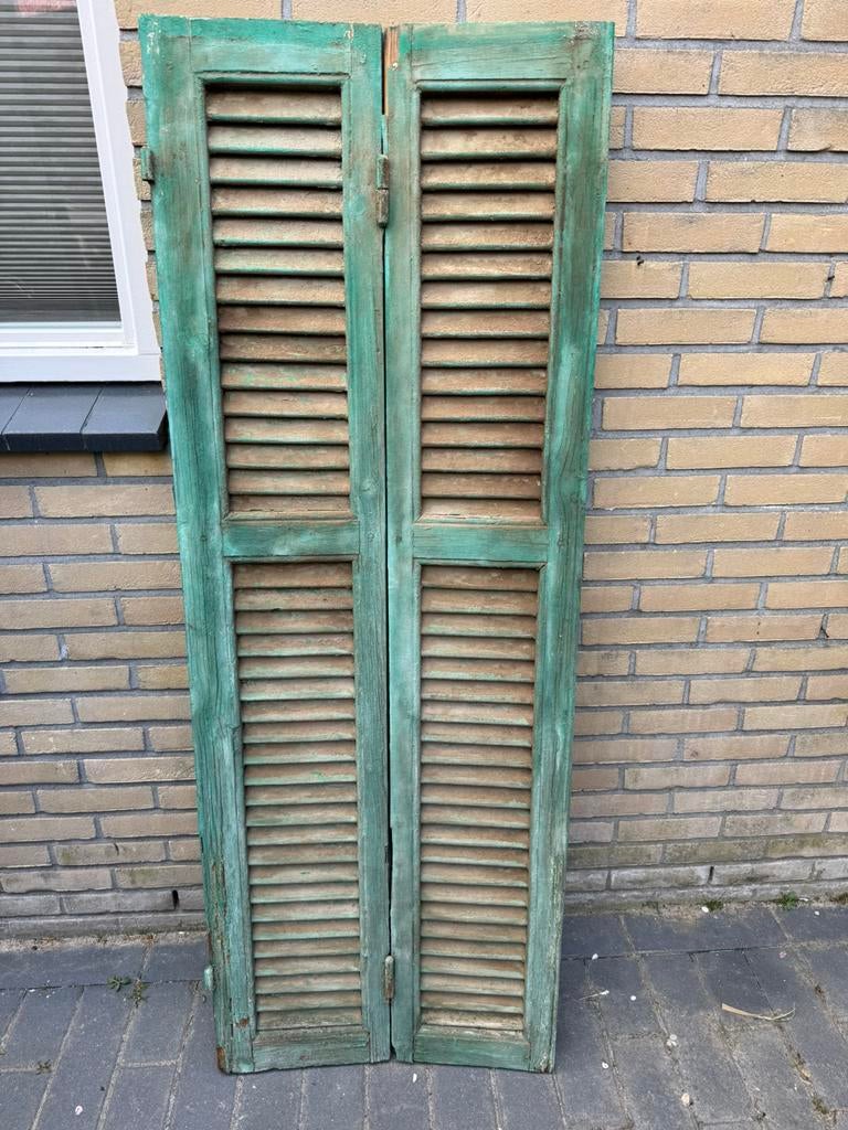 Brocante houten luiken / shutters – 155 cm – groene patina, Ophalen, Gebruikt