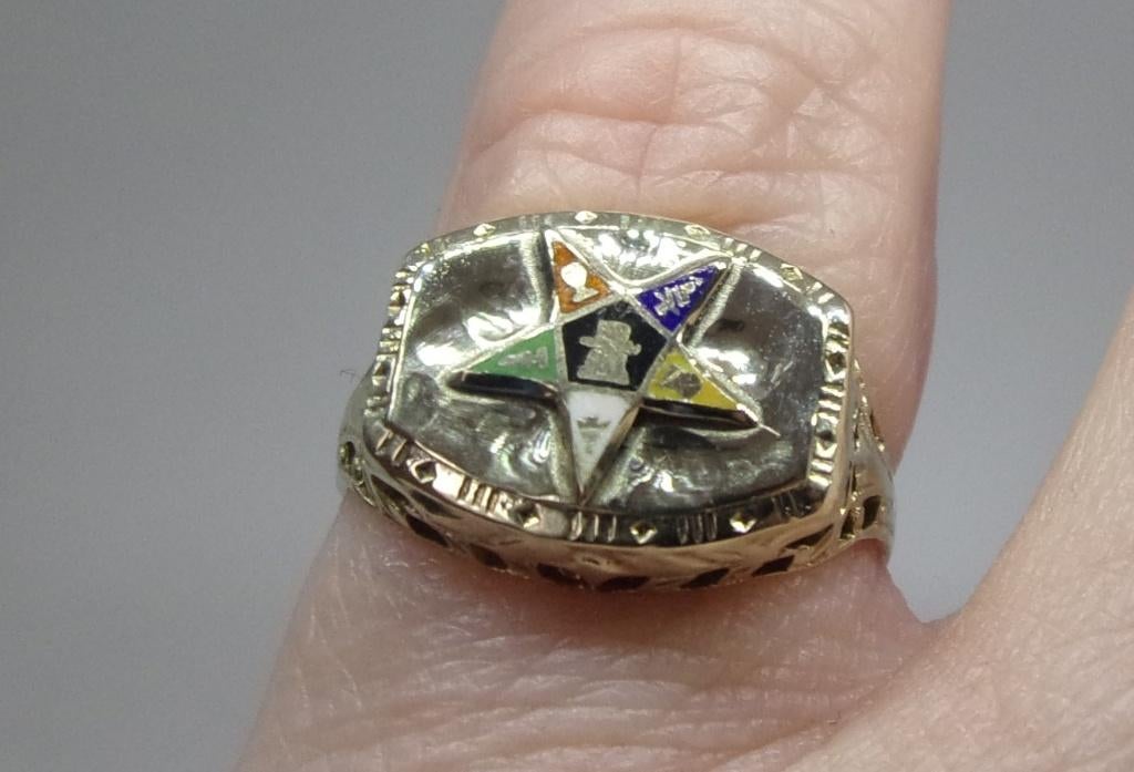 Antieke 10K OES-ring – vrijmetselarij – geëmailleerd embleem, Verzenden, Goud, Ring, Met edelsteen