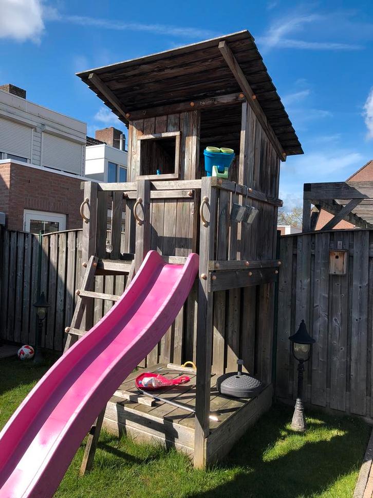 Speeltoestel met glijbaan douglas hout, Kinderen en Baby's, Speelgoed | Buiten | Speeltoestellen, Gebruikt, Glijbaan, Zandbak