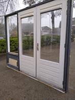 Hardhout kozijn met dubbele tuindeuren en zijlicht, Gebruikt, Ophalen of Verzenden, Buitendeur, Glas