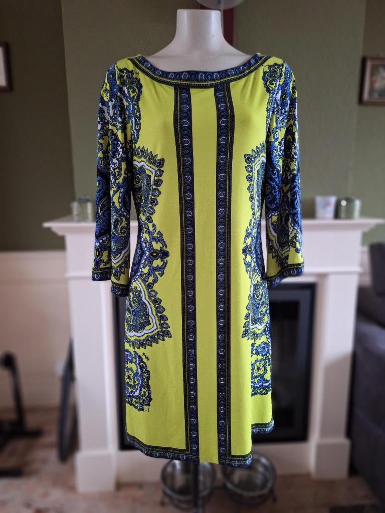 Hale Bob lime kleurige blauw zwarte jurk M 38, Maat 38/40 (M), Verzenden, Zo goed als nieuw, Knielengte