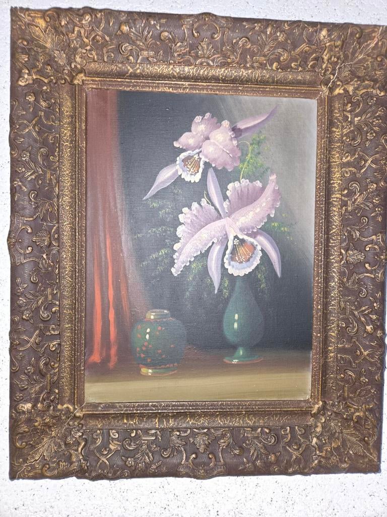 Oud schilderij met orchideeën en sierlijke lijst, Ophalen of Verzenden