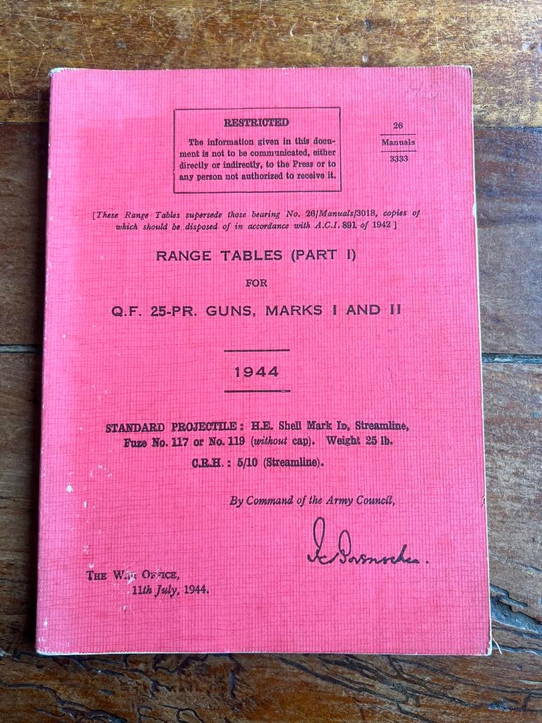 WO2 Brits firing tables voorschrift 25 pdr HE shell huls, Verzamelen, Militaria | Tweede Wereldoorlog, Ophalen of Verzenden, Hulzen of Bodemvondsten