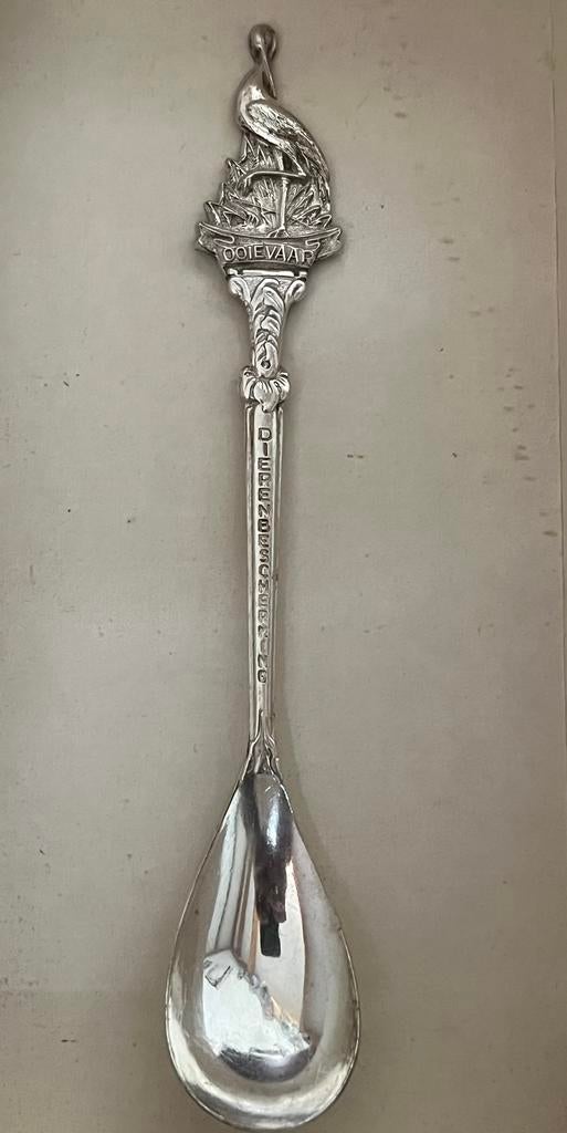 Vintage lepeltje Ooievaar., Antiek en Kunst, Ophalen of Verzenden
