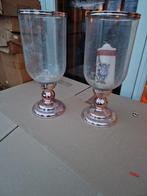 Twee glazen kandelaars met roze voet, Ophalen, Overige kleuren, Overige materialen, 25 tot 50 cm