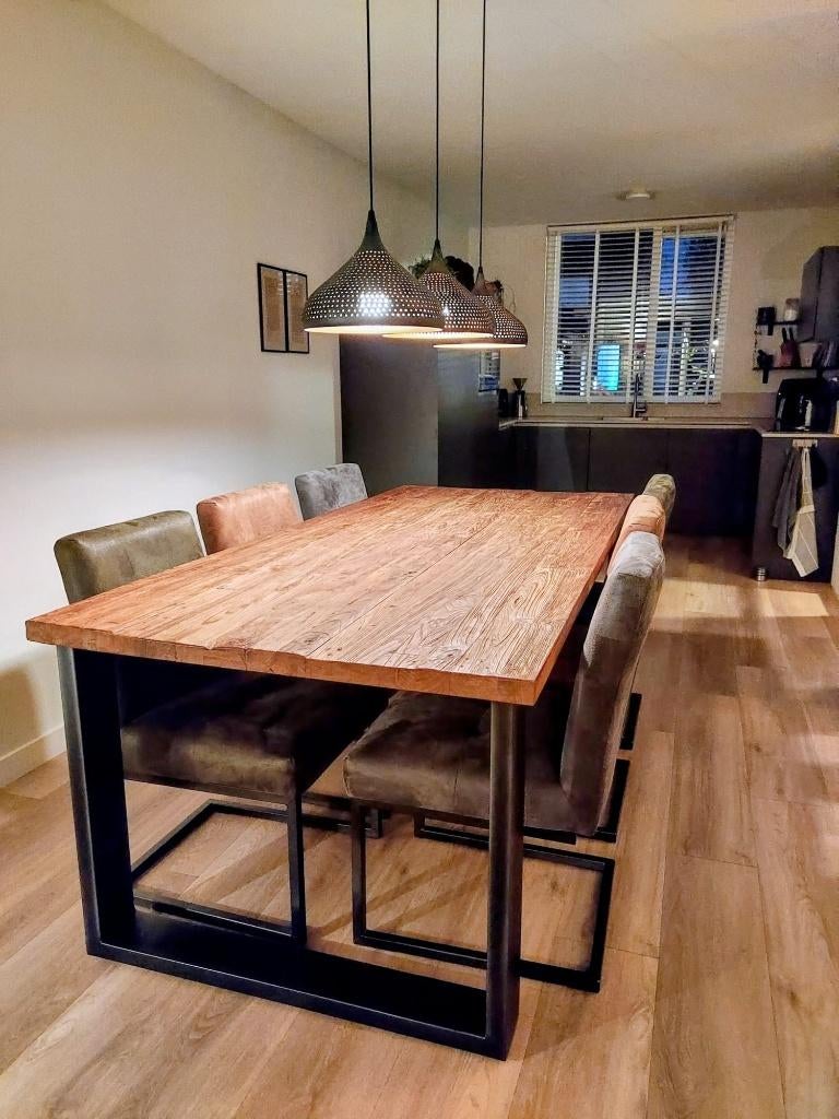 Teakhouten robuuste Eethoek met 6 stoelen, Ophalen, Strak, Gebruikt, Teakhout