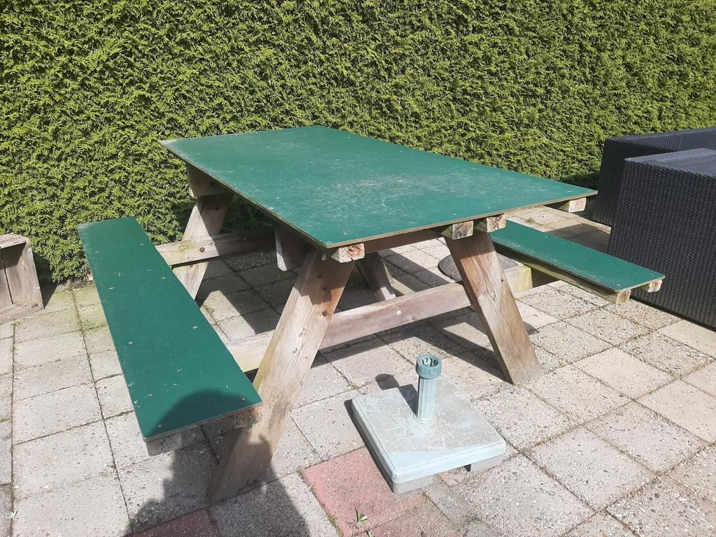 Picknick tafel met groen trespa blad en zitting, Ophalen, Gebruikt, Rechthoekig, Hout
