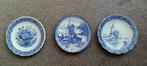 3 Antieke Delfts Blauwe Borden - Molen en Bloemen, Ophalen of Verzenden