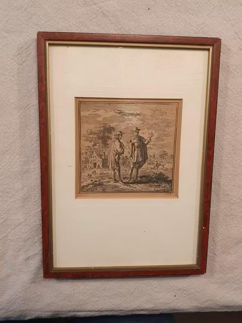 gravure jan Luycken 1711  Man toont   handschoen  metgezel., Ophalen