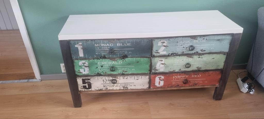 Kleurrijke ladekast met 6 laden - Uniek design, Huis en Inrichting, Kasten | Ladekasten, Overige houtsoorten, 100 tot 150 cm, 5 laden of meer