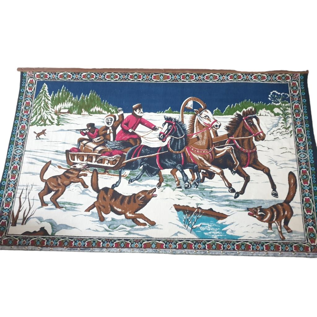 Wandkleed winters tafereel wolvenjacht velvet groot vintage, Gebruikt, -, -, Ophalen of Verzenden