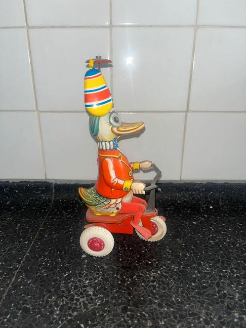 Vintage Blikken Eend op Driewieler Speelgoed, Antiek en Kunst, Antiek | Speelgoed, Ophalen of Verzenden