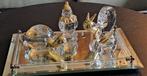 Mooi plateau met spiegelglas met 4 kristallen beelden., Antiek en Kunst, Antiek | Glas en Kristal, Ophalen