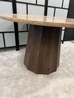 Travertin Tafel Japandi 120cm bruin mangohout poot, Info@savoireinteriors.com, Japandi, Overige materialen, Rond