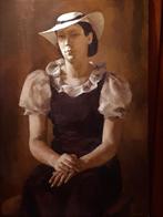 Portret van een jonge vrouw met hoed, olieverf op canvas, Ophalen of Verzenden