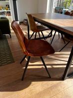 Mango houten(fineer)tafel met 4 lederen stoelen (90x160cm), Ophalen, Gebruikt, 4 tot 6 stoelen