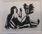 Linoleumsnede van blote vrouw met vogel, gesigneerd., Ophalen of Verzenden