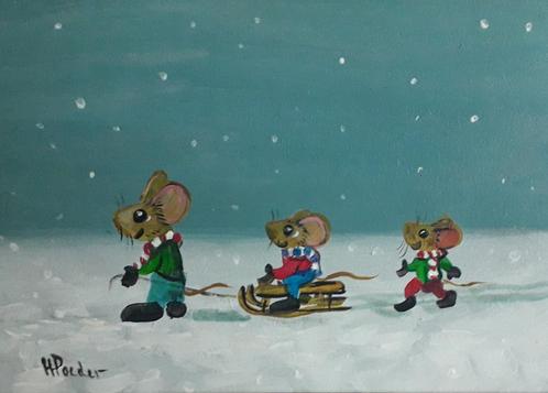 3 MUISJES SPELEN IN DE SNEEUW🐭HUMOR😀DIEREN🐭HENK POEDER, Antiek en Kunst, Kunst | Schilderijen | Klassiek, Ophalen of Verzenden