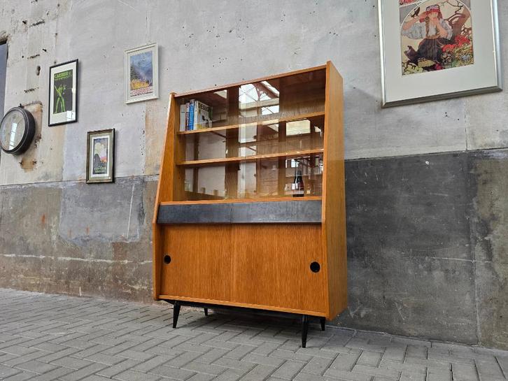Mid Century Design Highboard | Vintage Vitrine Kast Zwart 2, Huis en Inrichting, Kasten | Wandmeubels, Gebruikt, 150 tot 200 cm