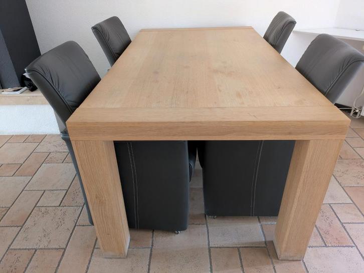 Eiken eetkamer tafel met 4 antraciet lederen stoelen, Huis en Inrichting, Complete eetkamers, Gebruikt, 4 tot 6 stoelen, Ophalen