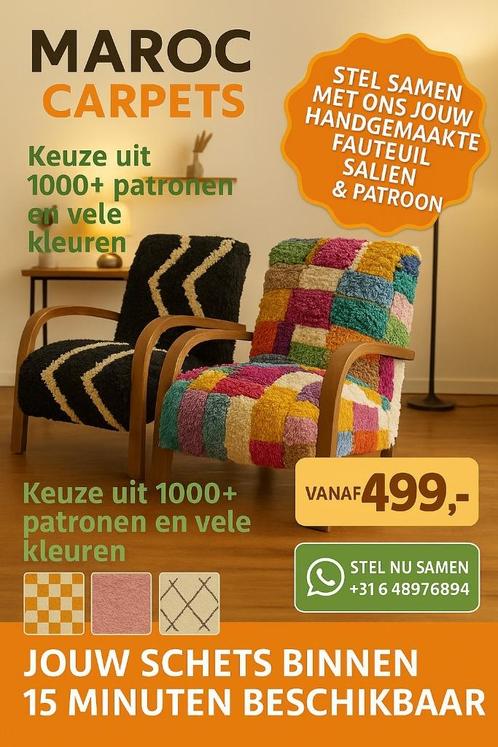 Stel je eigen handgemaakte Fauteuils samen. Alle kleuren, Huis en Inrichting, Fauteuils, Nieuw, Hout, Leer, Stof, Ophalen of Verzenden