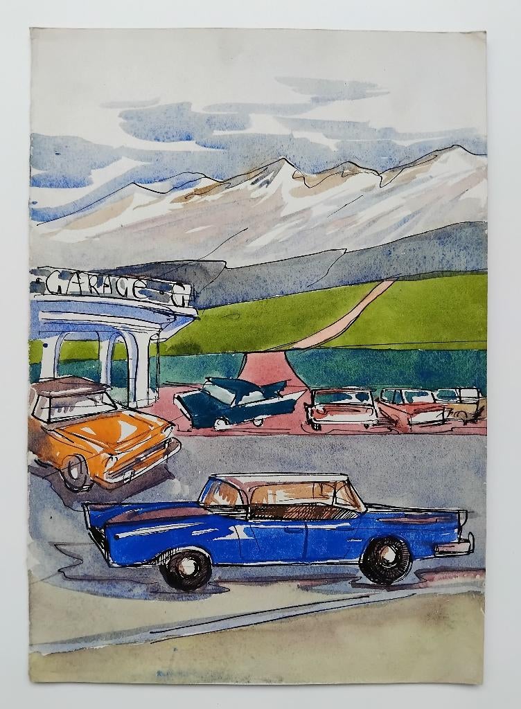 Origineel aquarel schilderij. Jaren 70., Antiek en Kunst, Kunst | Schilderijen | Klassiek, Ophalen of Verzenden