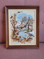 Vintage borduurwerk winterlandschap  geborduurde vogel, Ophalen of Verzenden