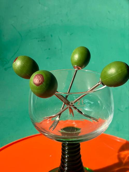 Vintage set van 4 olijf prikkers /cocktailprikkers RVS, Huis en Inrichting, Keuken | Bestek, Gebruikt, Ophalen of Verzenden