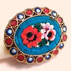 Vintage broche micro mozaïek glas bloemen verguld jaren '60, Overige materialen, 4 tot 7 cm, Gebruikt, Verzenden