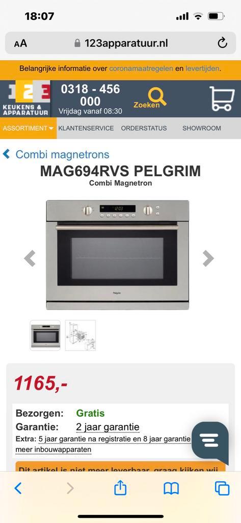 Pelgrim MAG694RVS Combimagnetron - Inbouw, Witgoed en Apparatuur, Magnetrons, Gebruikt, Inbouw, Combimagnetron, 45 tot 60 cm, Grill