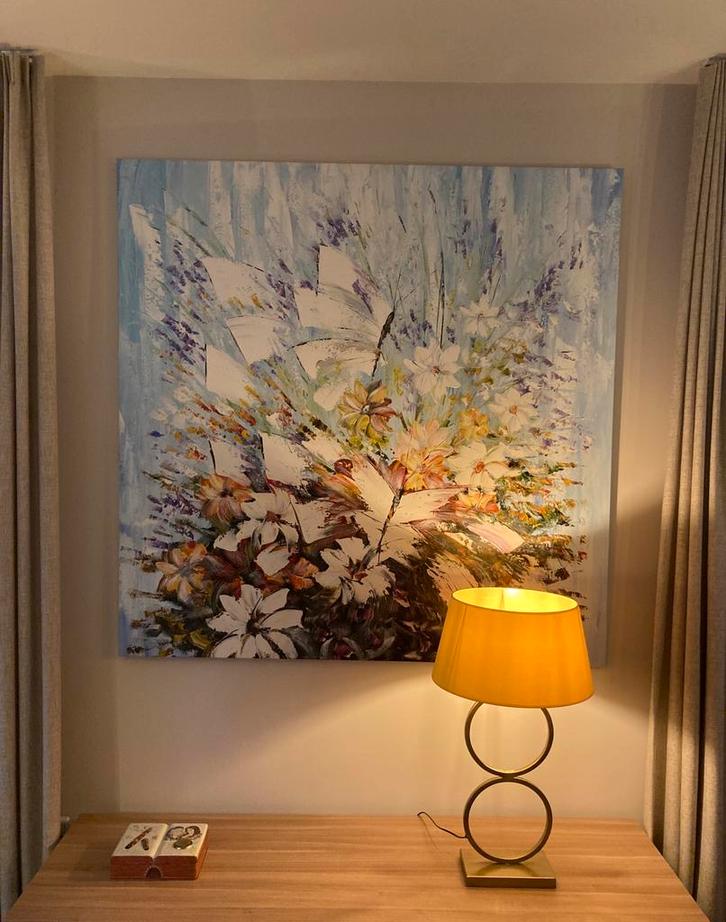 Groot modern bloemen schilderij doek 1.60x1.60 mtr, Antiek en Kunst, Kunst | Schilderijen | Abstract, Ophalen