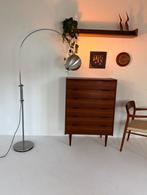 Vintage verstelbare ‘Eyeball’ booglamp, jaren ‘70, Vintage retro buisframe design rotan webbing papercord deens, Ophalen of Verzenden