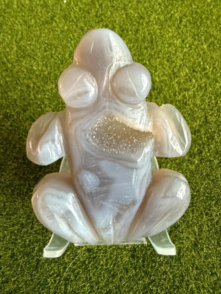 Druse Agaat Kikker met Acryl Basis, Antiek en Kunst, Kunst | Beelden en Houtsnijwerken, Ophalen of Verzenden