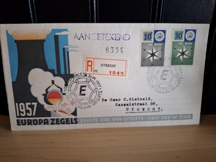 Nederland 1957, FDC E32, beschreven,open klep, catwrde 18,20, Postzegels en Munten, Postzegels | Eerstedagenveloppen, Beschreven